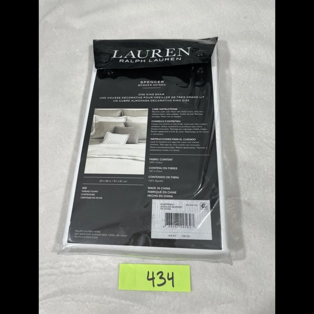 NIB Lauren Ralph Lauren Spencer Cotton‎ Sateen Border King Sham